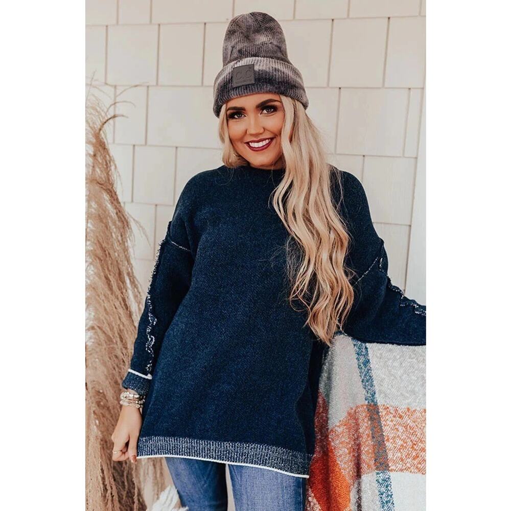 Zenana Sweater Womens Mock Neck Oversized Knit Pullover Cozy Top Navy Blue XL